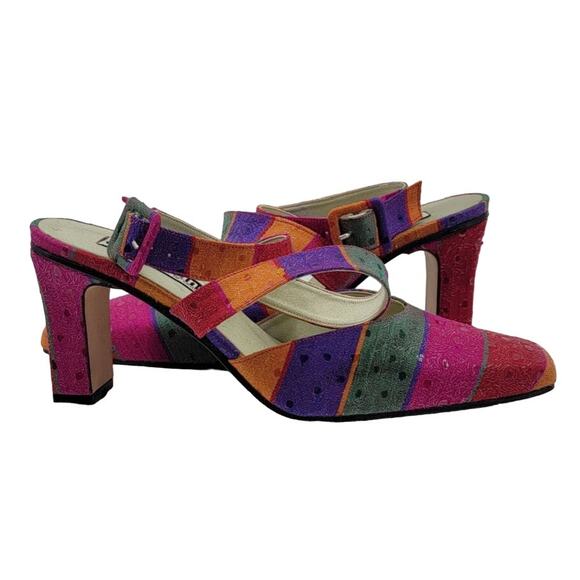 Costa Blanca Block Heel Sandals 7.5M Pink Gold Jacquard NIB Made in Spain - Picture 12 of 14